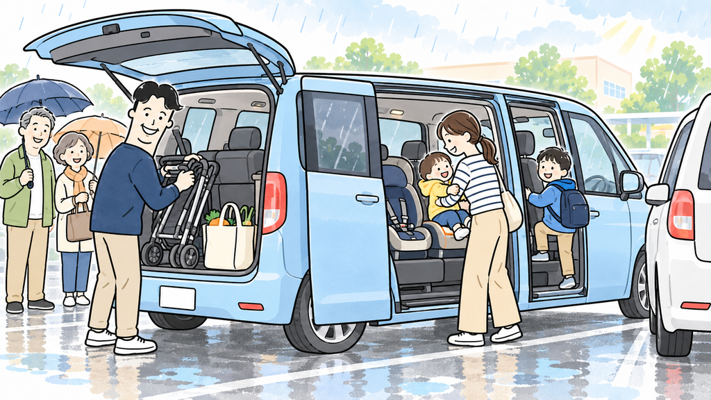 雨の日にミニバンへ子どもとベビーカーを載せる家族