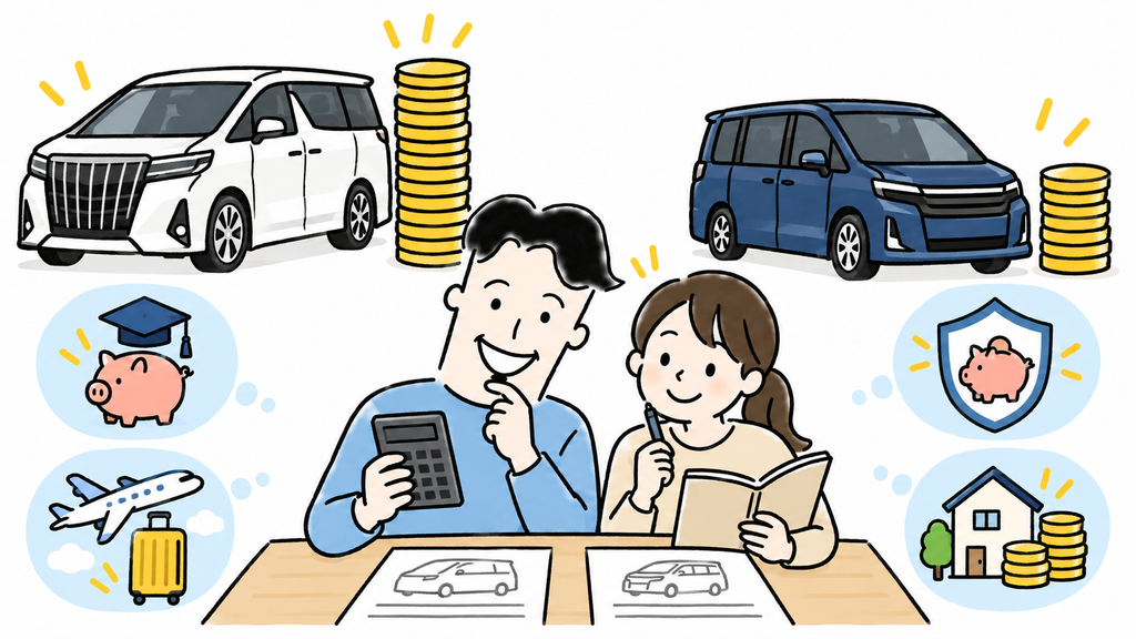 アルファードとヴォクシーの車両価格差を確認する夫婦