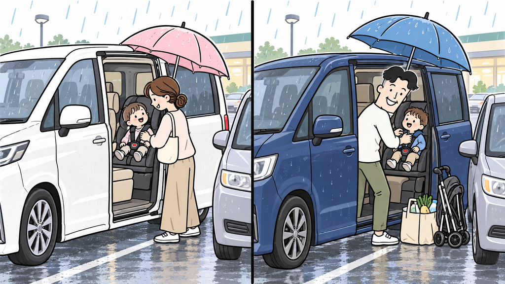 ミニバンのスライドドアから子どもを乗せる家族