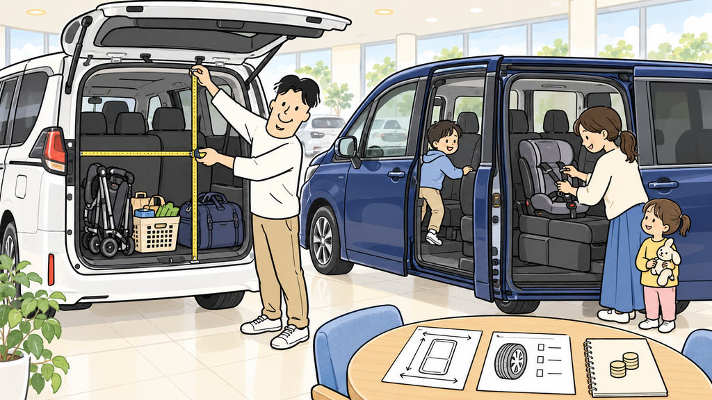 販売店でミニバンの荷室とチャイルドシートを確認する家族