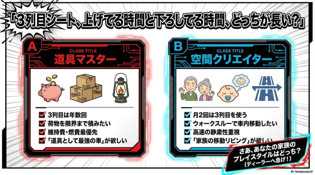 ３列目シート上げている時間、おろしている時間、どっちが長い？
