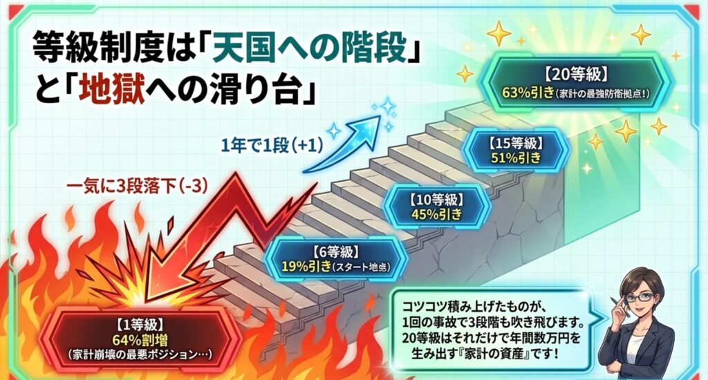 自動車保険の等級ごとの割引率一覧を積み上げと下落についてわかりやすく説明してある