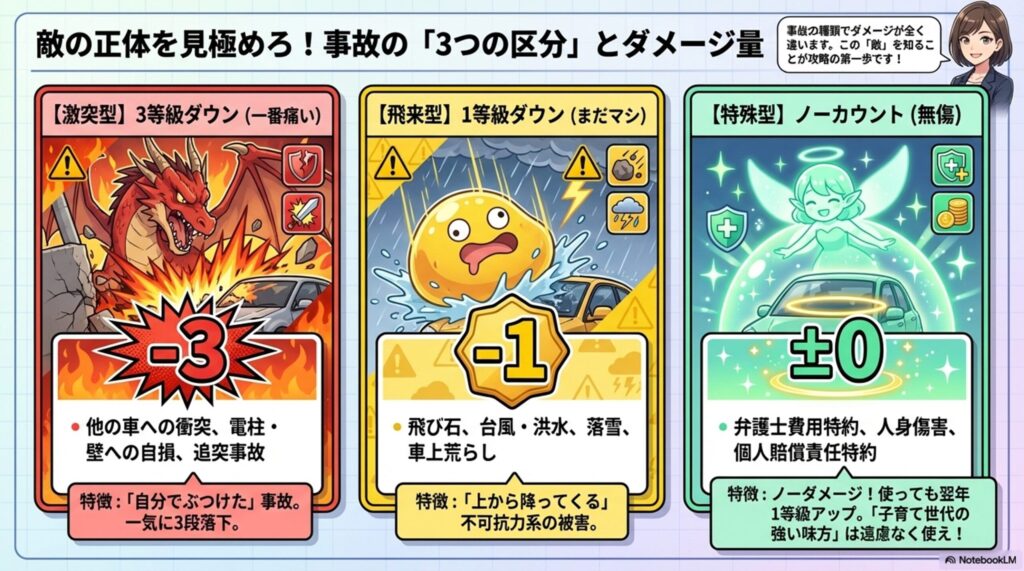 保険の等級ダウンに関してキャラクターを交えて、どこまで等級が下がると困るかを示している
