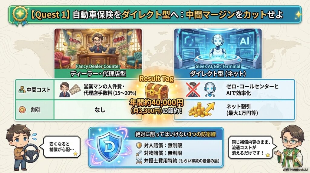 "豪華なディーラーのカウンターと、効率的なネット型保険のAIターミナルの比較イメージ"