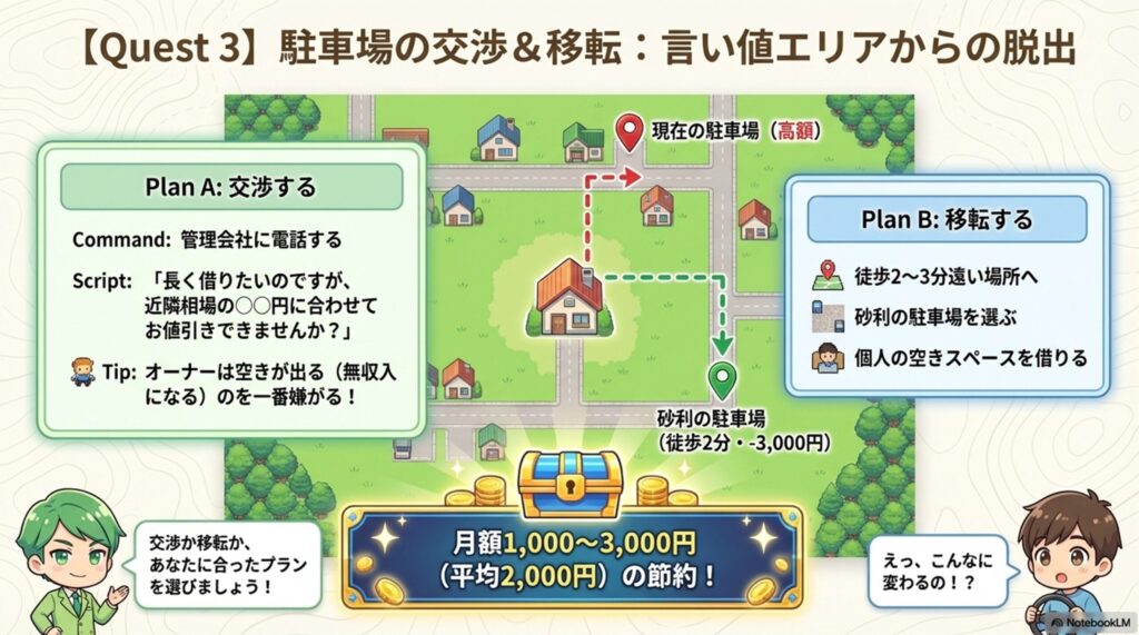 駐車場代の交渉や移転プランを解説するFP（ファイナンシャルプランナー）のキャラクター