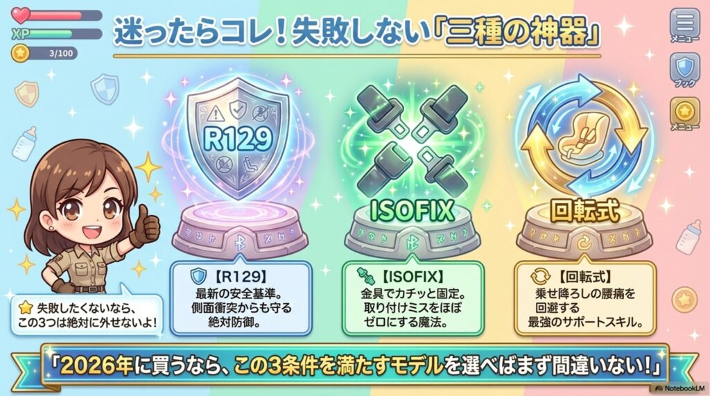 チャイルドシート購入に迷ったらR129、ISOFIX、回転式