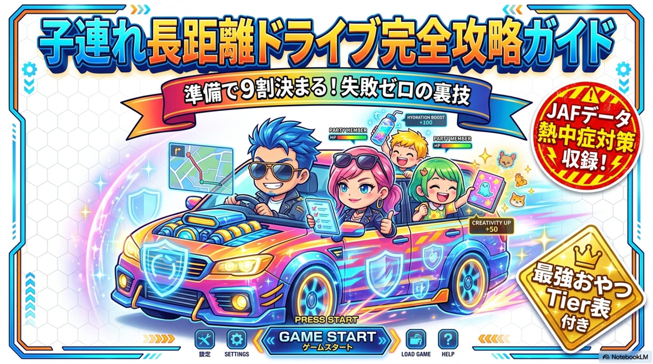 スライド1: 「子連れ長距離ドライブ完全攻略ガイド」のタイトルスライド。ネオンカラーの近未来的な車に乗った家族のイラストと、JAFの熱中症対策データや「最強おやつTier表」の収録をアピールするゲーム風のインターフェース。