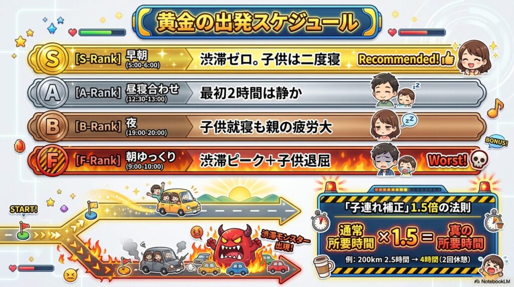 「黄金の出発スケジュール」の比較ランキング。早朝（5-6時）の出発をSランク、朝（9-10時）をFランク（最悪）とし、渋滞リスクをモンスターに見立てたマップと所要時間の1.5倍計算ルールを紹介。