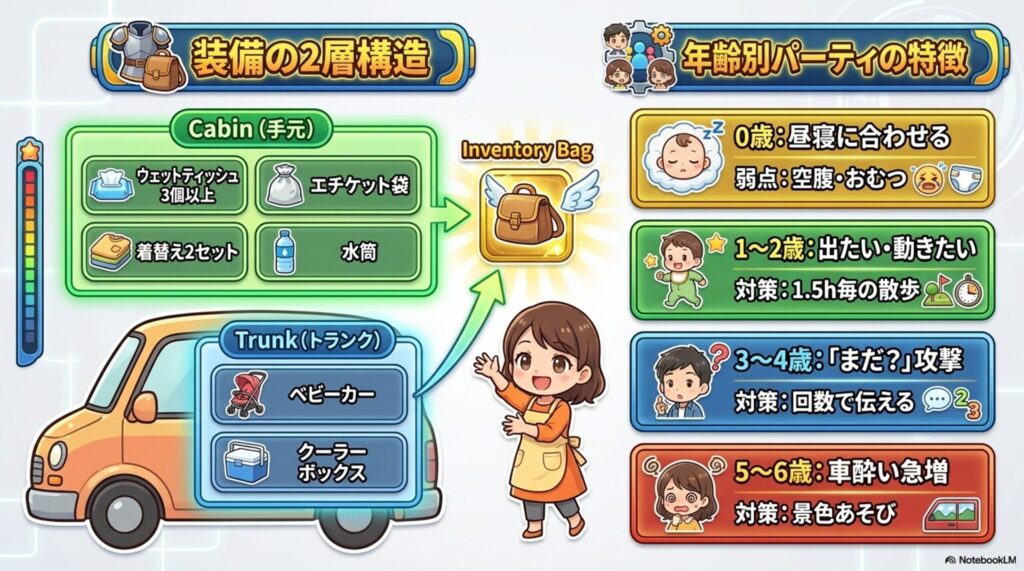 効率的な荷造りを図解した「装備の2層構造（車内・トランク）」と、0歳から6歳までの子供の年齢に合わせた「パーティ編成（対策）」のまとめ。