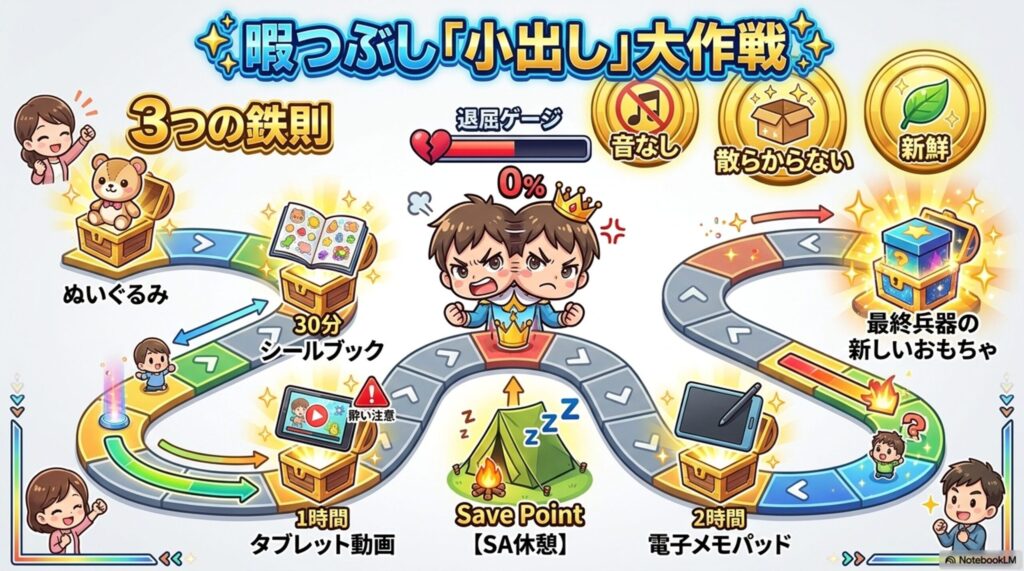 子供を飽きさせないための「暇つぶし『小出し』大作戦」のロードマップ。シールブックからタブレット、最終兵器の新しいおもちゃまで、飽きさせない順番をすごろく形式で解説。