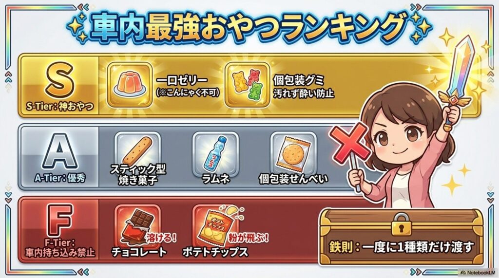 車内を汚さず満足度を高める「車内最強おやつランキング（Tier表）」。ゼリーやグミをSランク、溶けやすいチョコや粉の飛ぶチップスを不適切なFランクとして格付け