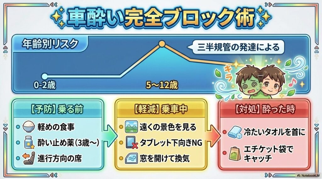 年齢別リスクグラフを用いた「車酔い完全ブロック術」。5〜12歳がピークとなるリスクの可視化と、乗車前・乗車中・酔った後の具体的なアクションプラン。