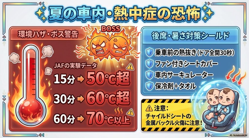 夏場の車内温度上昇の危険性を訴える「JAF実験データ」。1時間で70度に達する熱中症リスクの視覚化と、チャイルドシートの金具の熱さへの警告。