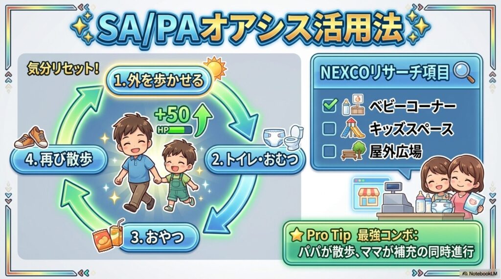 効率的な休憩を促す「SA/PAオアシス活用法」。外歩き、トイレ、おやつをループさせるリフレッシュサイクルと、パパとママの連携による時間短縮術。