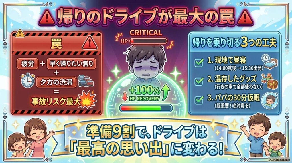 最も事故リスクが高まる「帰路の罠」への警告。疲労と焦りを回避するための早めの出発、アイテムの温存、30分の仮眠の重要性を説いた総括スライド。