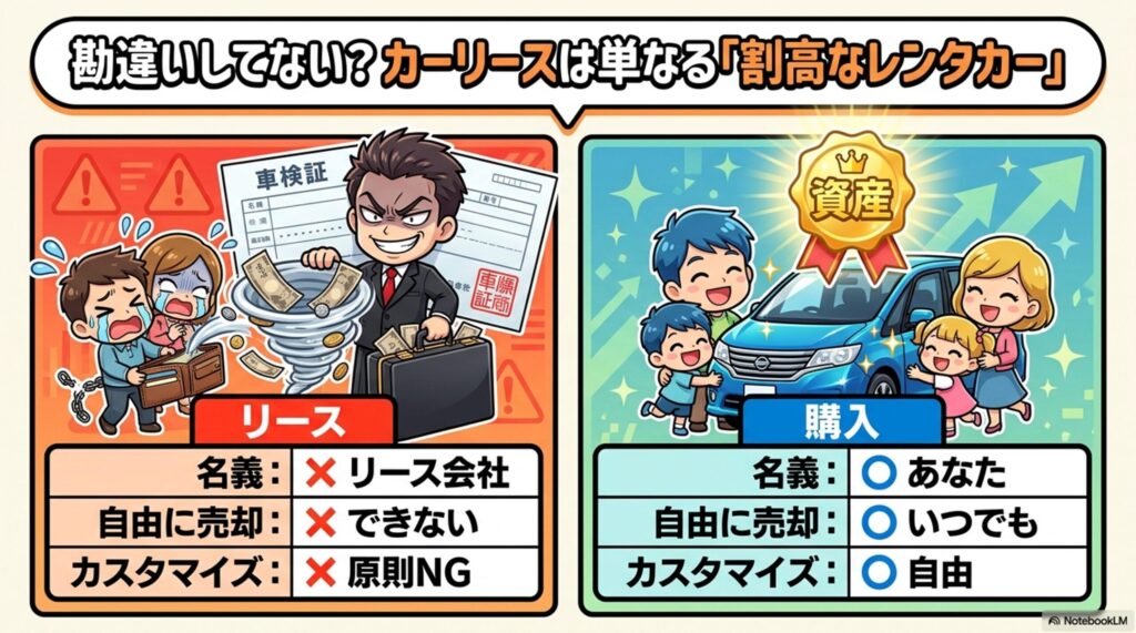 リースのデメリット（名義がリース会社、売却不可、カスタマイズNG）で困る家族と、購入のメリット（自分名義、いつでも売却可能、カスタマイズ自由）で喜ぶ家族を対比させたイラスト