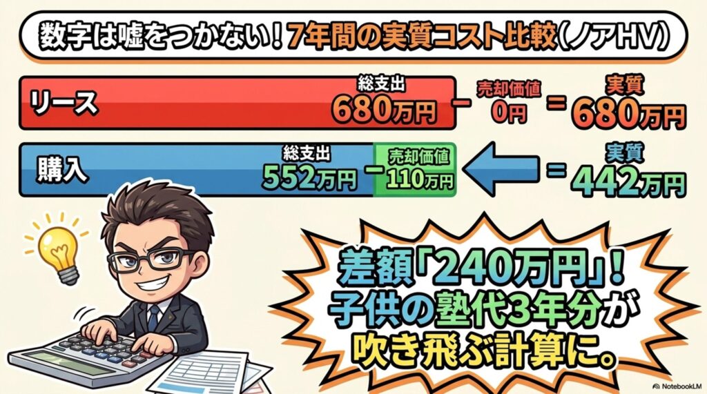 ノアHVにおける7年間の実質コスト比較。リース（実質680万円）と購入（実質442万円）の差額が240万円となり、子供の塾代3年分に相当することを示すデータ表