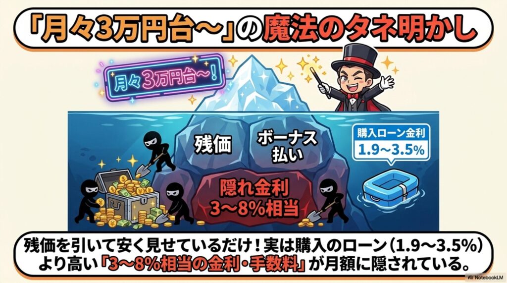 リースが月々安く見えるカラクリの解説。残価やボーナス払いを引いているだけで、実は購入ローン金利（1.9〜3.5%）より高い「3〜8%相当の隠れ金利」が含まれていることを示す図解