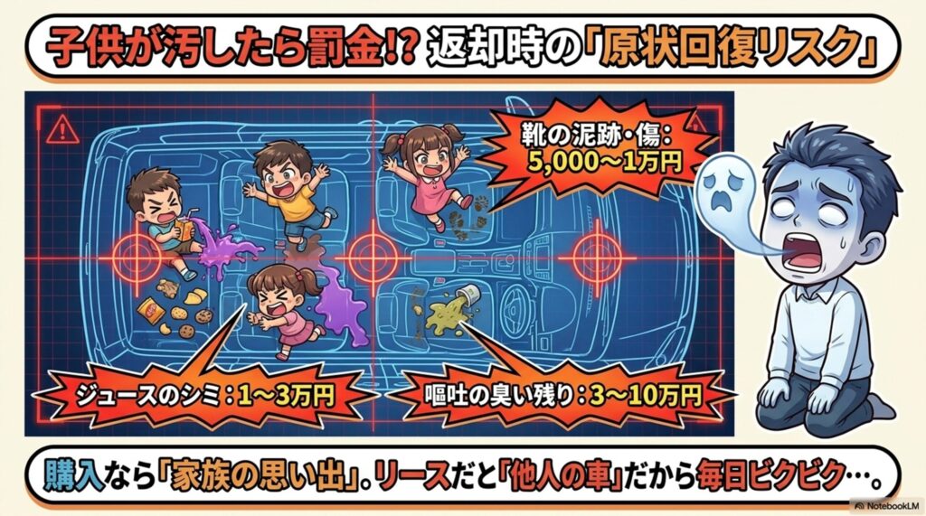 リース車返却時の「原状回復リスク」の解説。靴の傷（5,000〜1万円）やジュースのシミ（1〜3万円）、嘔吐の臭い残り（3〜10万円）などで罰金が発生する恐れを示すイラスト