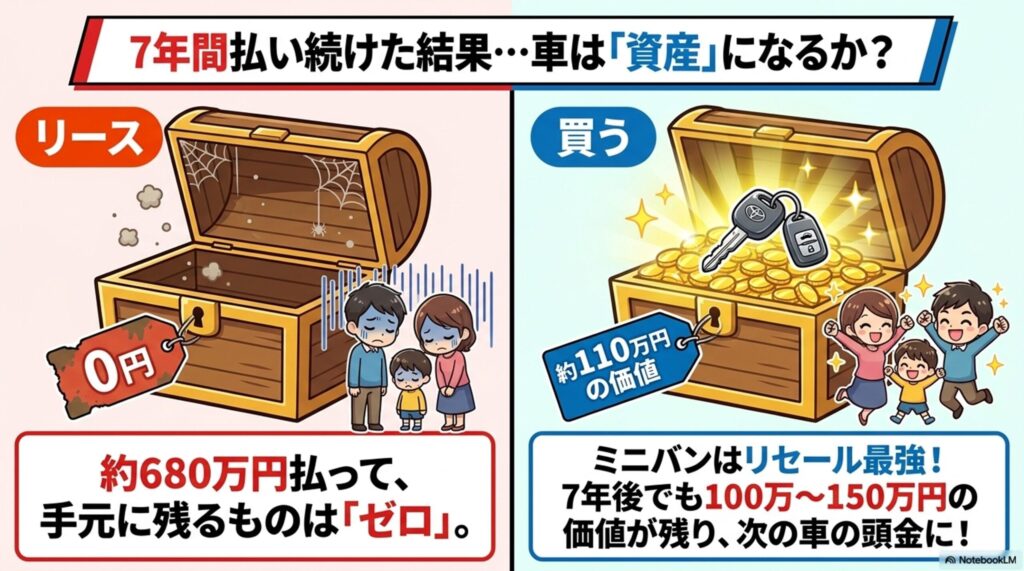 7年後の資産価値の比較。約680万円払っても価値が「0円」になるリース（空の宝箱）と、約110万円の価値が残る購入（金貨の宝箱）を比較したイラスト 。