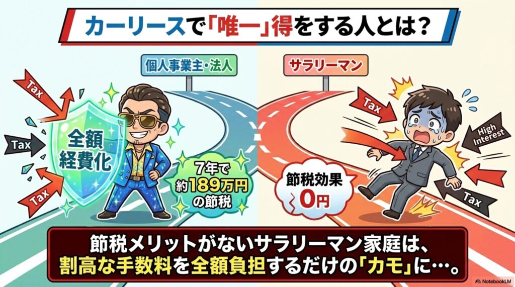 : カーリースで得をする人の解説。全額経費化で節税できる個人事業主・法人と違い、サラリーマンは節税効果が0円で割高な手数料を負担するだけであることを示す対比イラスト 。