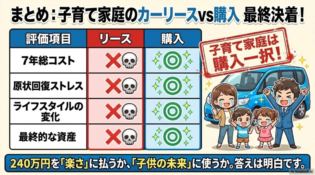 リースと購入の最終決着まとめ表。7年総コスト、原状回復ストレス、ライフスタイルの変化、最終的な資産の全項目で購入が優れていることを示し、「子育て家庭は購入一択！」と結論づける画像 。