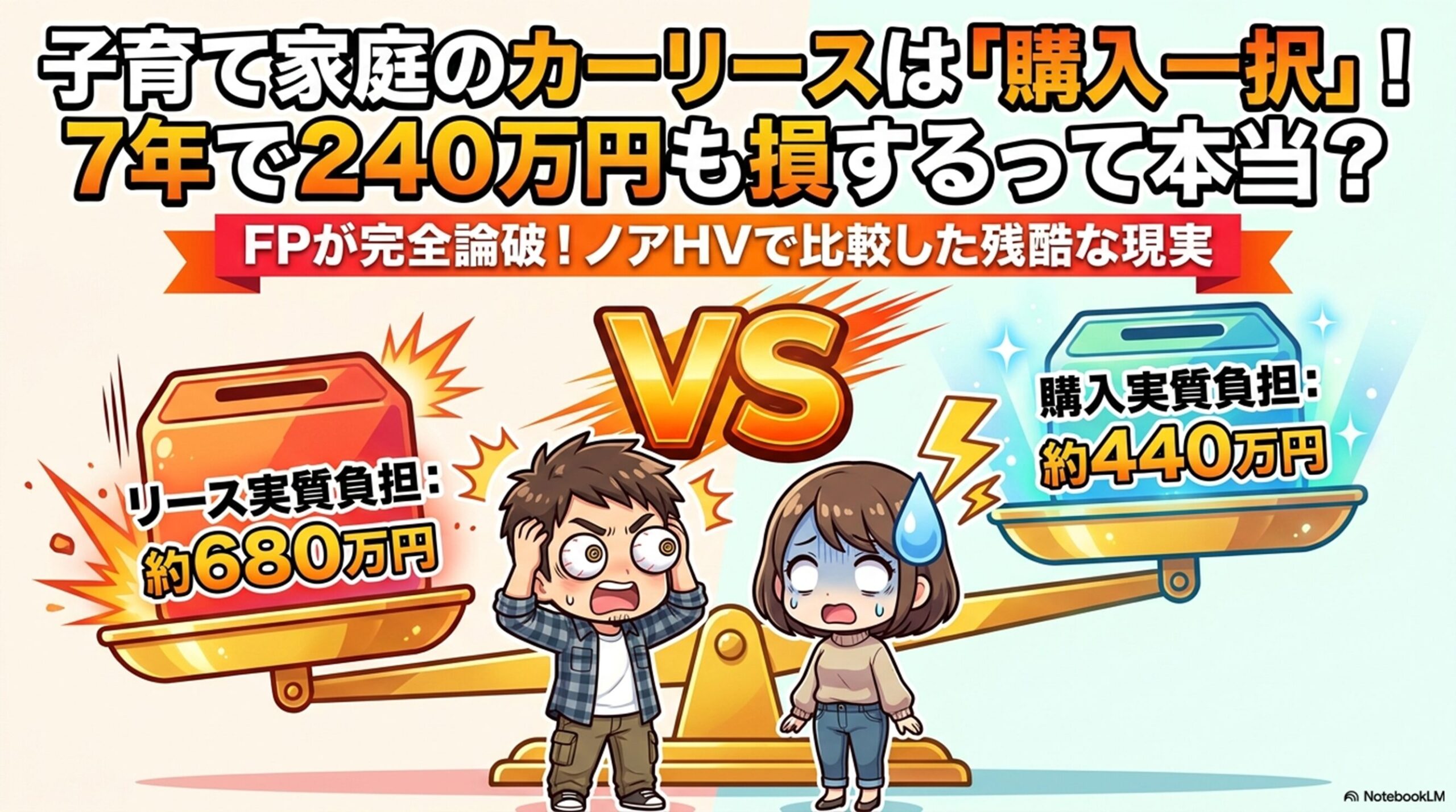「子育て家庭のカーリースは『購入一択』！7年で240万円も損するって本当？」というタイトルで、FPがノアHVを例に、リースの実質負担（約680万円）と購入の実質負担（約440万円）を比較しているスライド画像